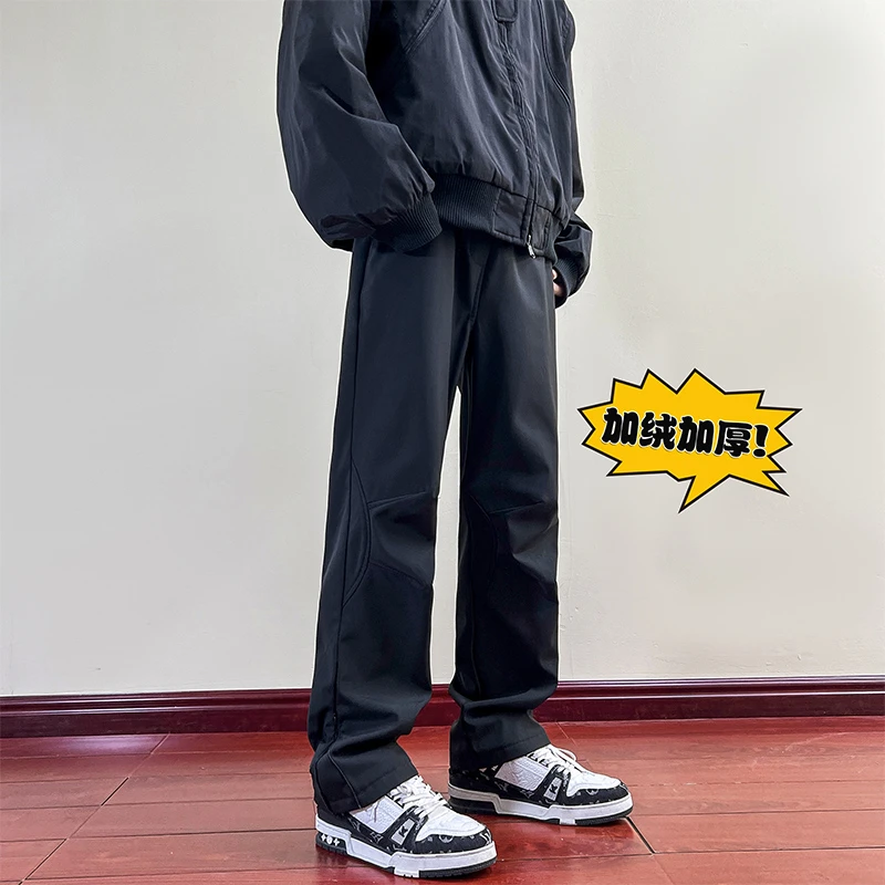 软壳户外冲锋裤男款秋冬季加绒加厚裤子美式潮牌情侣款直筒工装裤
