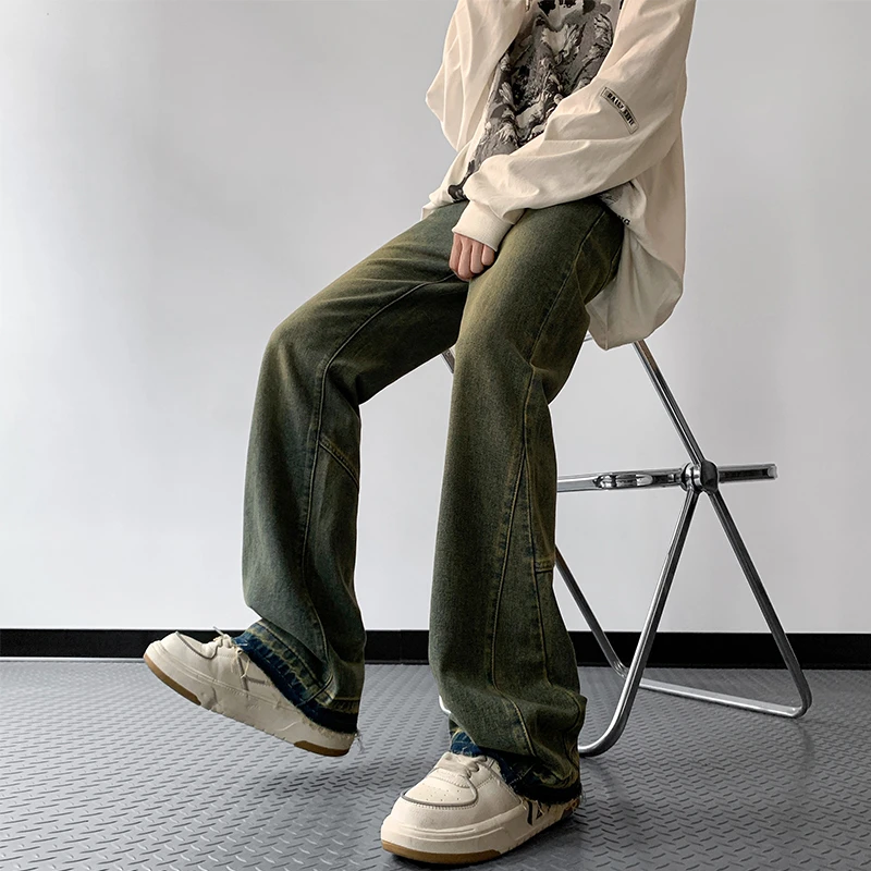 美式复古重工复古蓝牛仔裤男秋季高街vibe裤子水洗做旧直筒微喇裤