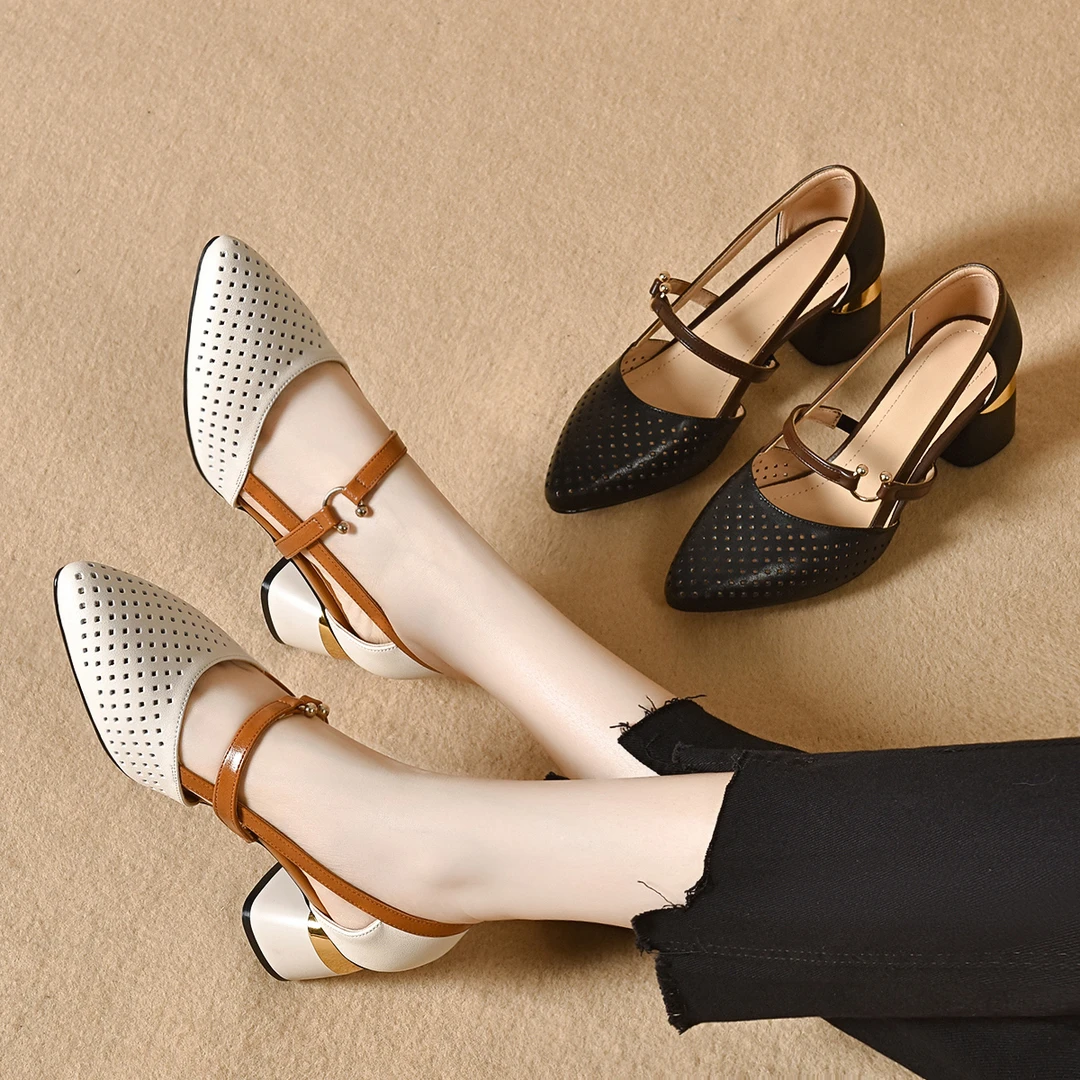 2024新款时尚百搭包头凉鞋女镂空女鞋透气平底软皮低中跟皮鞋