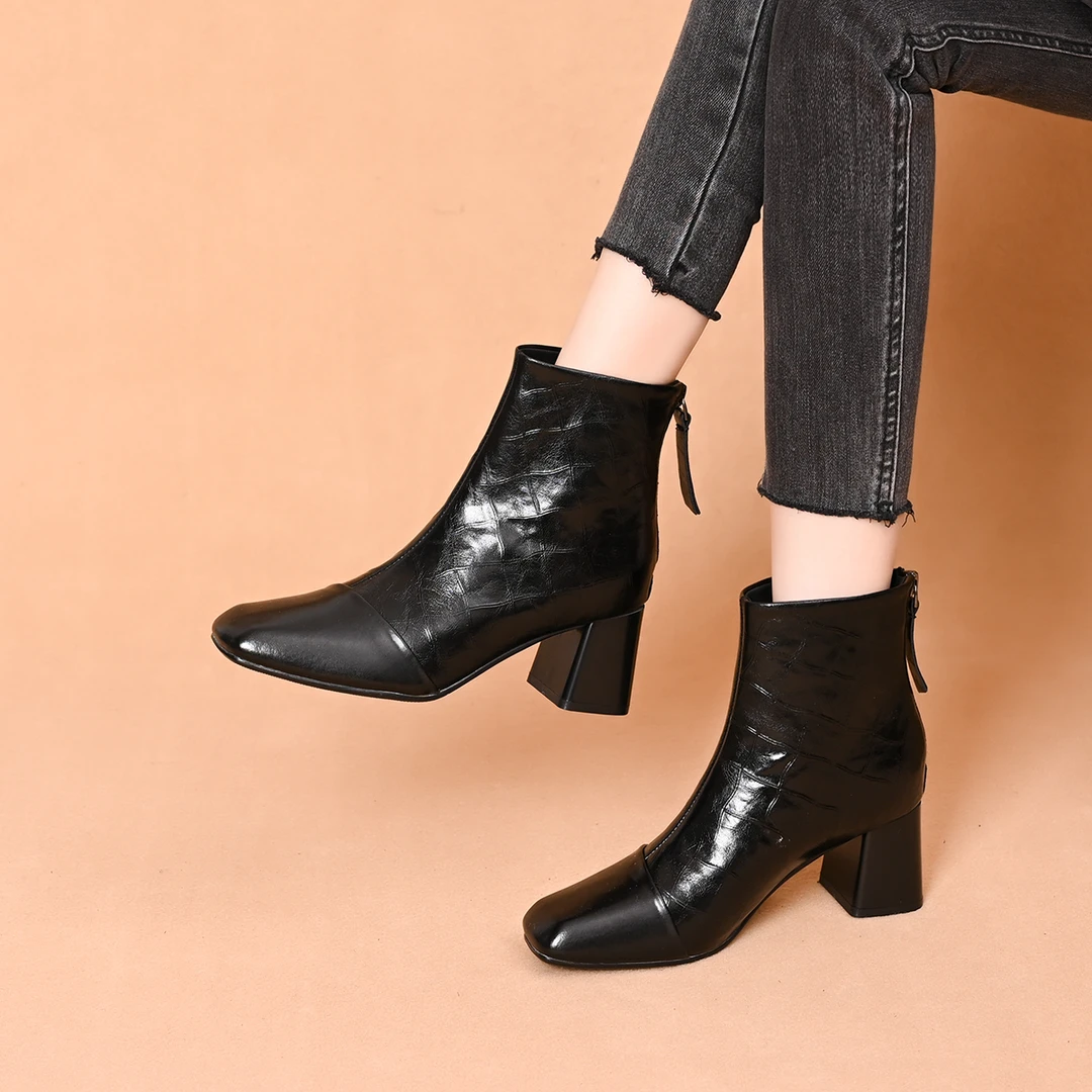 简约百搭~！法式小方头粗跟后拉链短靴5cm小高跟及踝瘦瘦靴单靴女