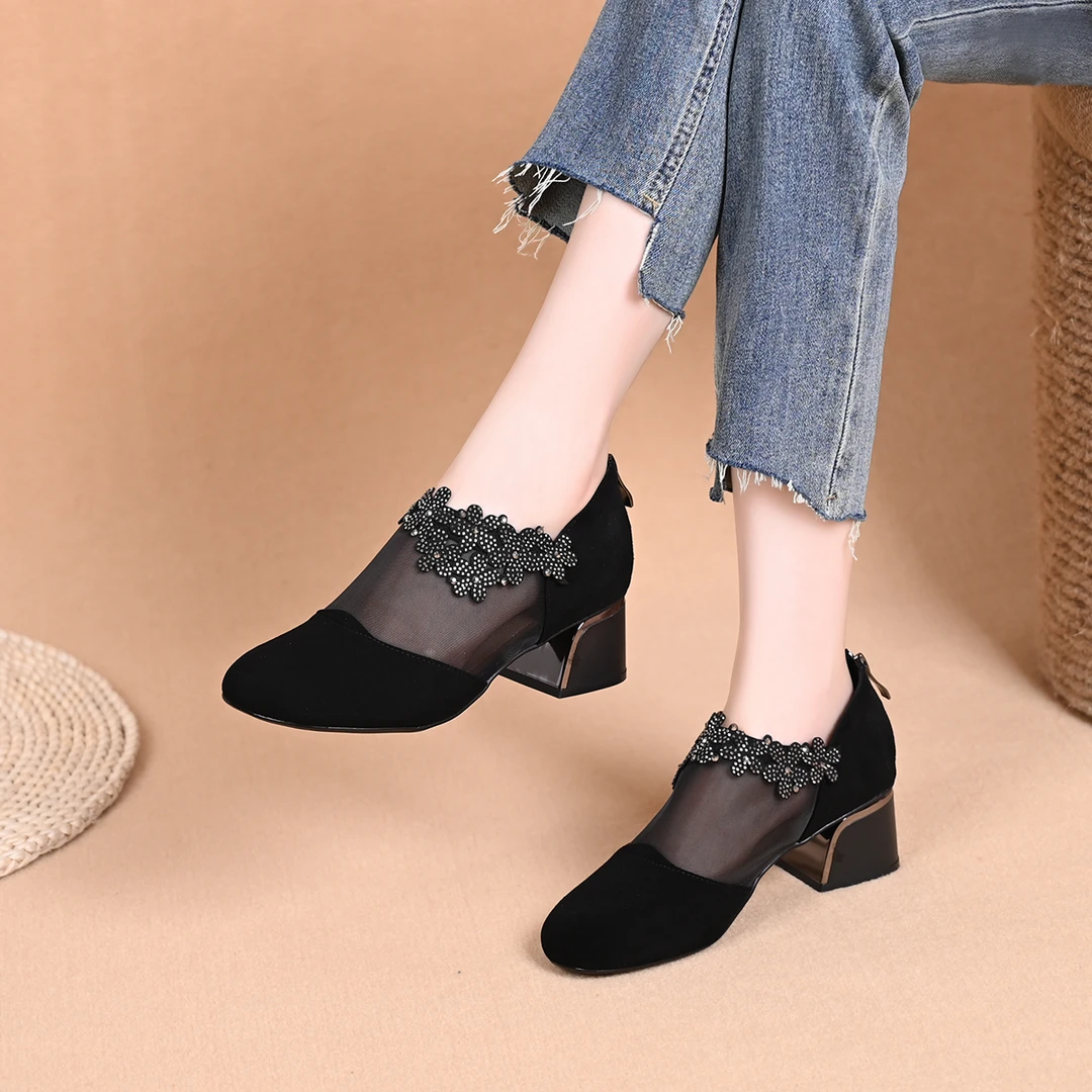 2025新款夏季网纱女鞋圆头中跟单鞋女软底春时尚百搭凉鞋镂空皮鞋