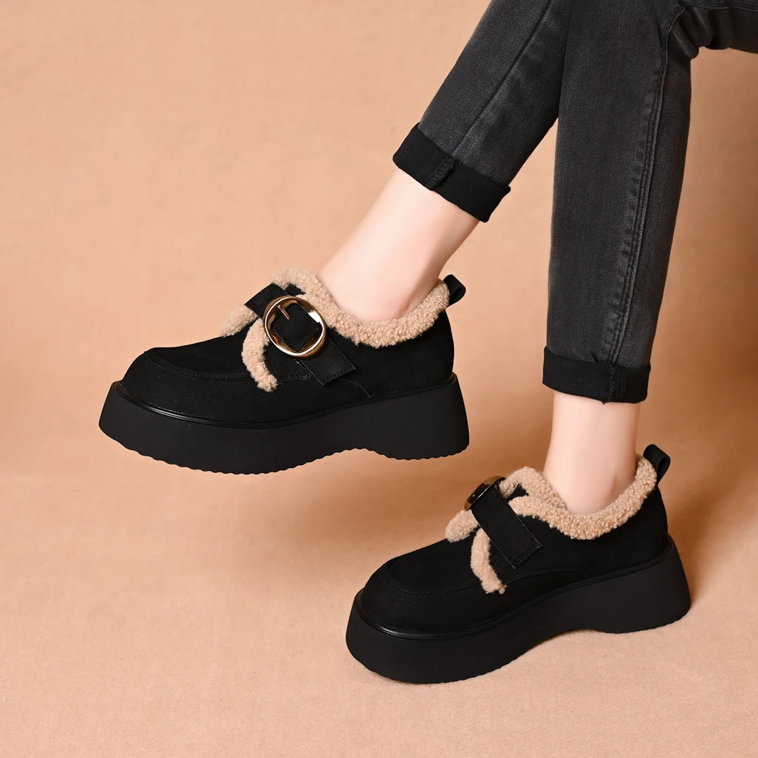 厚底乐福鞋女2025年冬新款大棉加绒小皮鞋毛毛鞋保暖博肯鞋