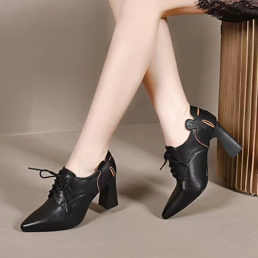 舒适系带后跟花深口中跟尖头单鞋气质时尚百搭女士粗跟高跟单鞋