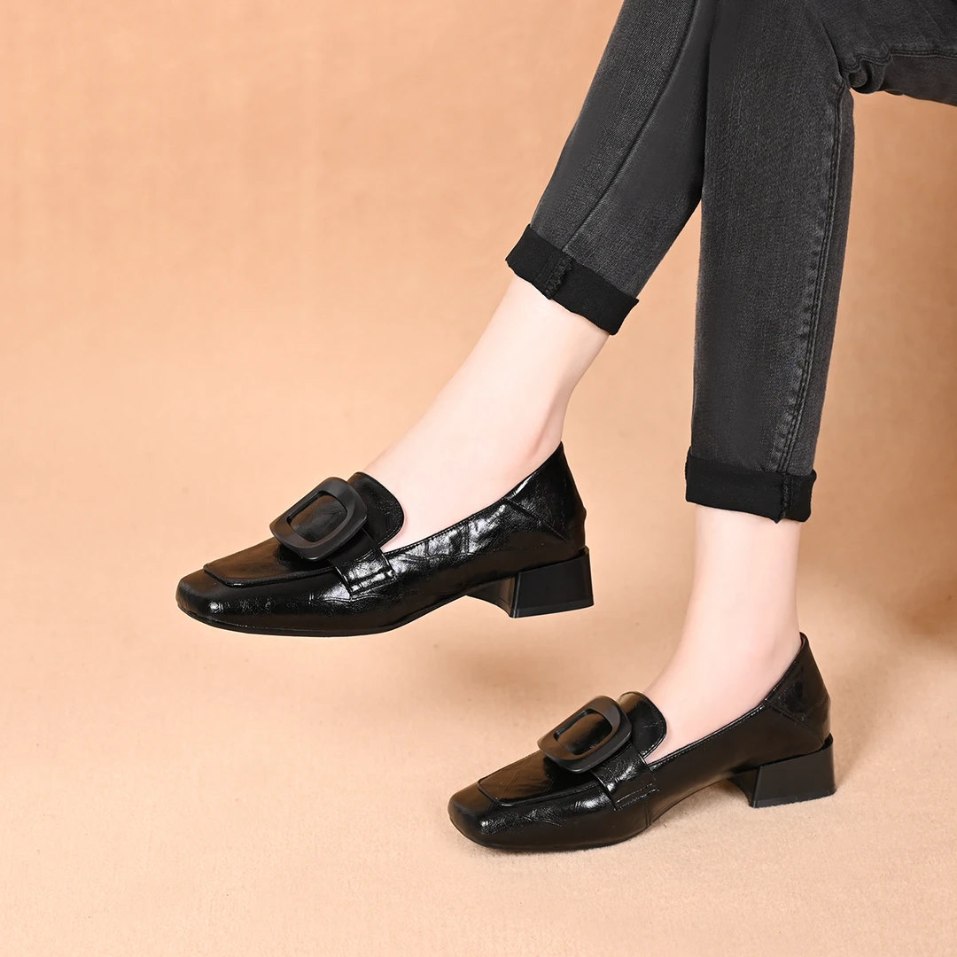 法式气质复古乐福小皮鞋英伦风粗跟低跟一脚蹬舒适深口方扣单鞋女