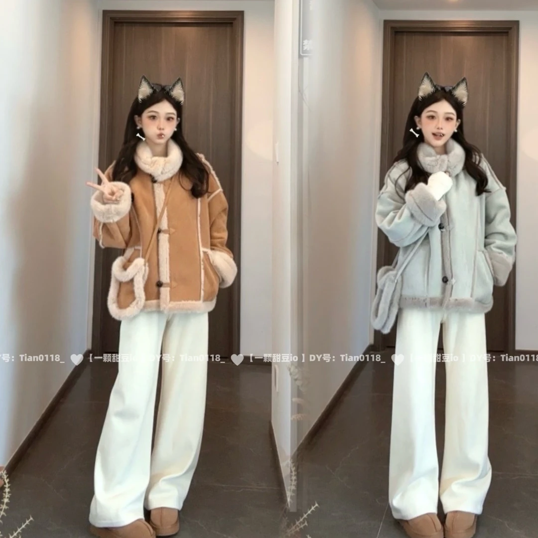 环保毛毛外套女短款2024新款冬季韩版宽松立领机车风休闲