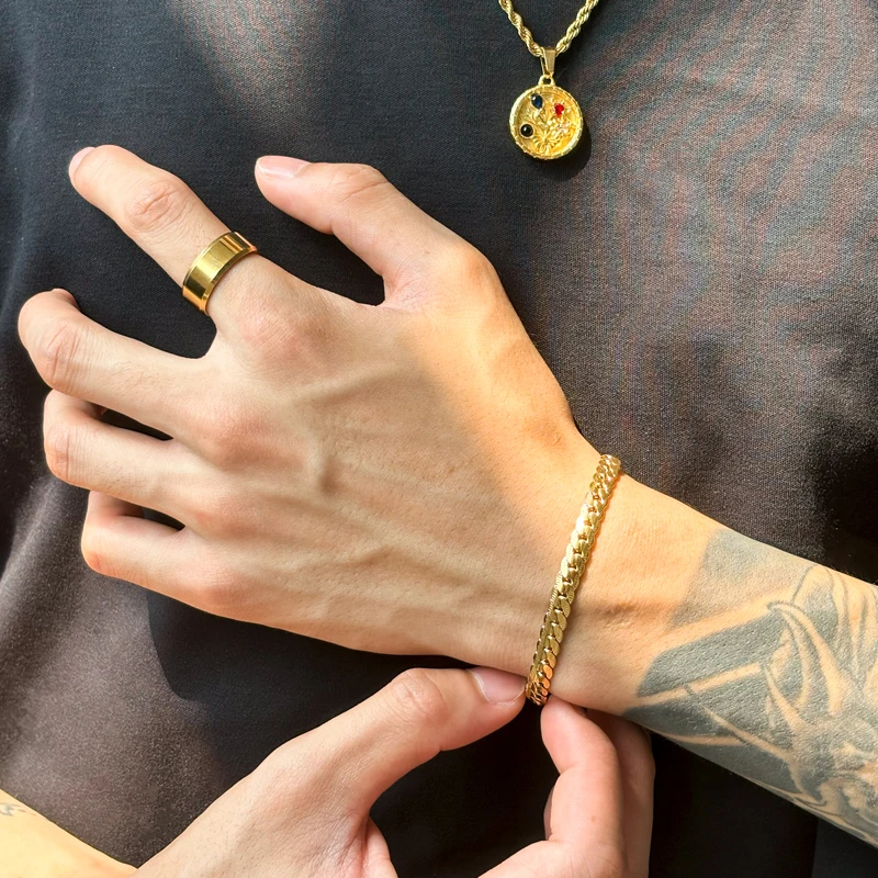 钛钢手链 轻奢百搭欧美风蛇骨链男士金色不掉色男款小众单圈配饰