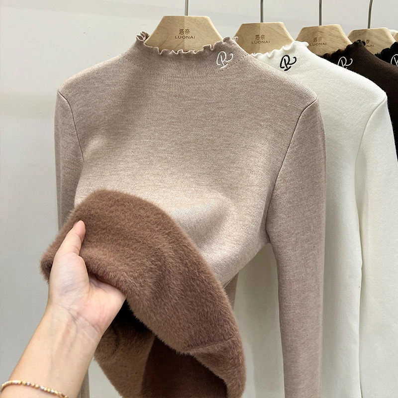 加绒加厚毛衣一体绒冬季新款2024爆款高领耳边秋冬打底保暖上衣女
