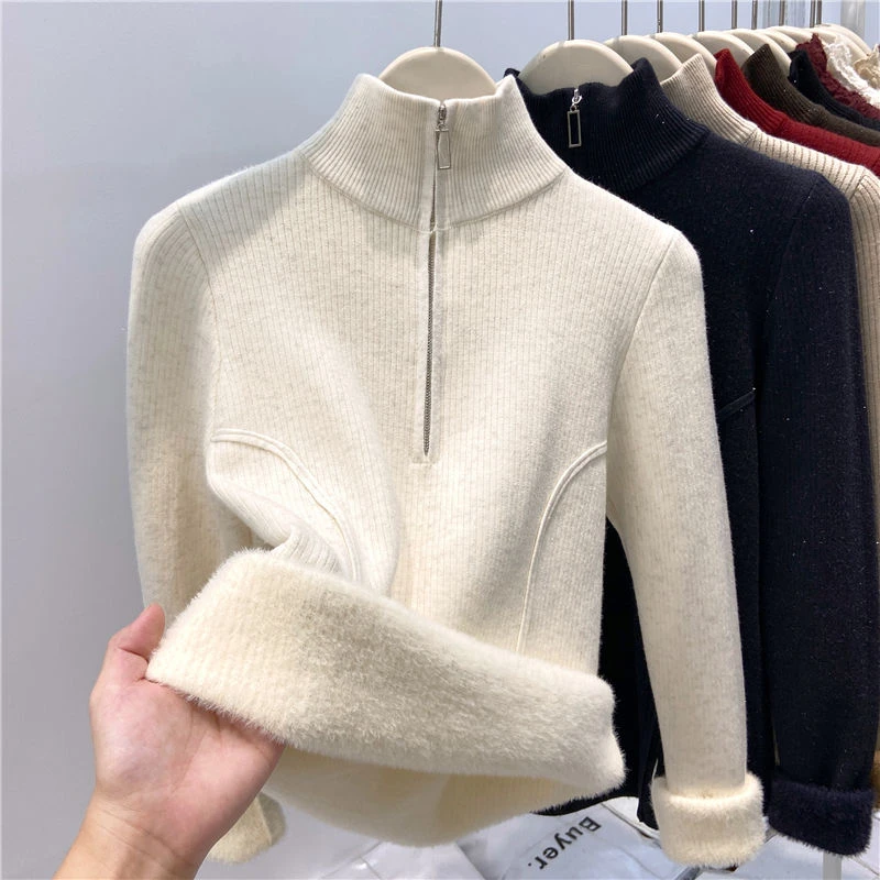 一体加厚加绒拉链毛衣秋冬新款洋气亮丝高领打底针织衫保暖上衣潮