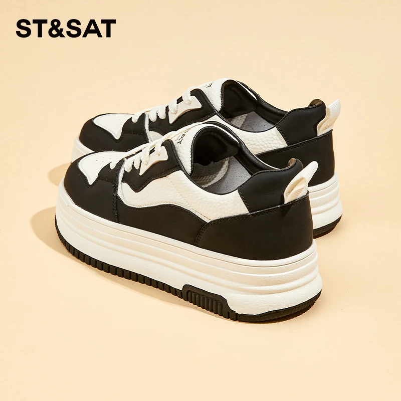 星期六真皮厚底小白鞋黑白熊猫鞋2025冬季新款爆款运动板鞋ins潮
