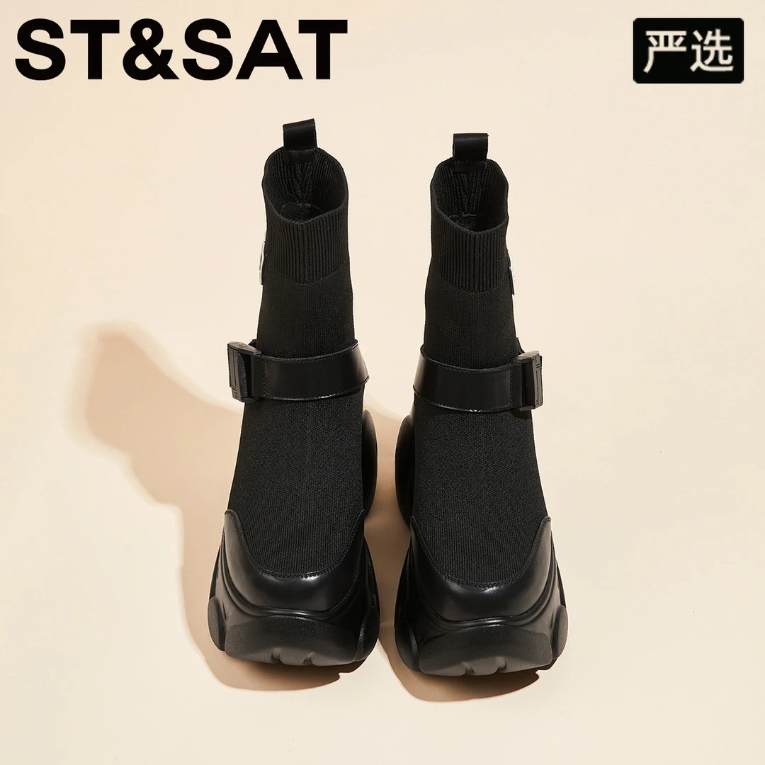 星期六真皮舒适袜靴2025冬季新款厚底增高女靴高颜值小众弹力靴女