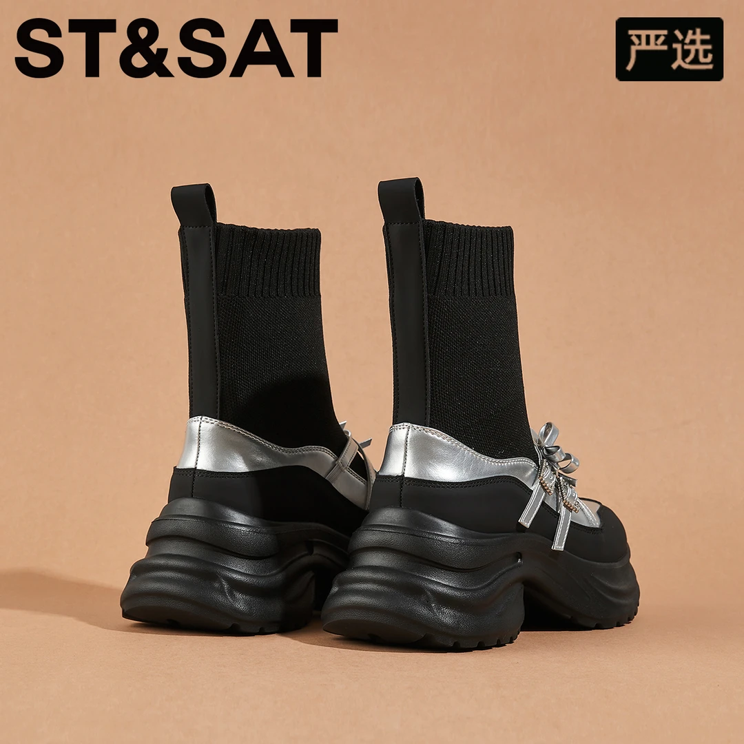 星期六英伦风新款中筒弹力靴2025冬季新款套筒松糕靴蝴蝶结袜靴女