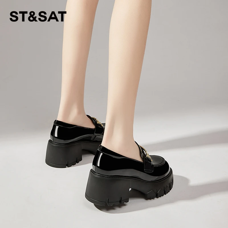 星期六白色厚底乐福鞋女羊皮粗跟单鞋2025冬季新款女鞋英伦小皮鞋