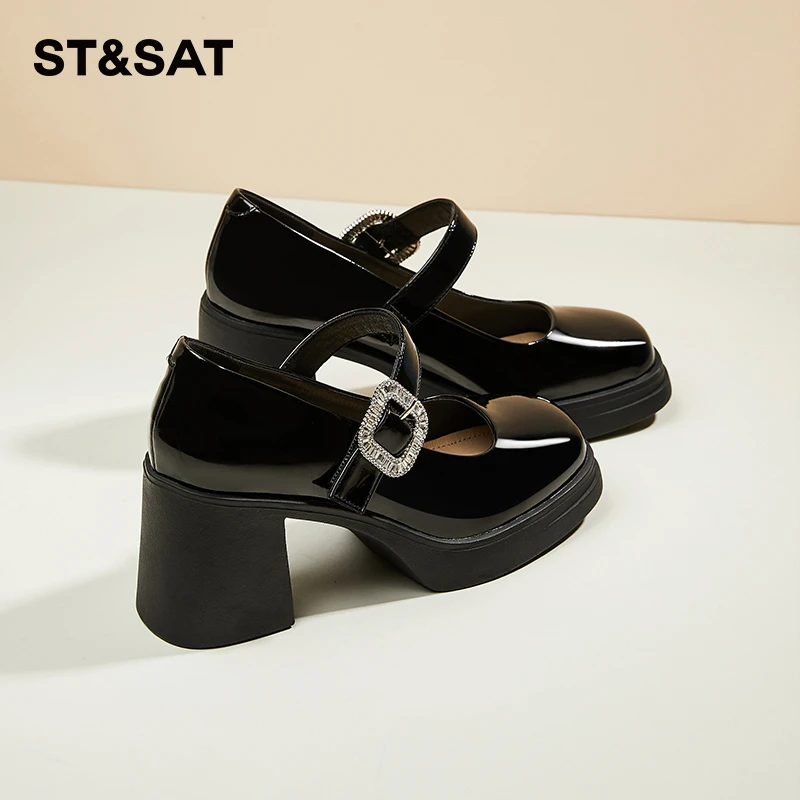 星期六新款黑色玛丽珍女鞋2025年秋季款粗跟皮鞋方头法式高跟单鞋