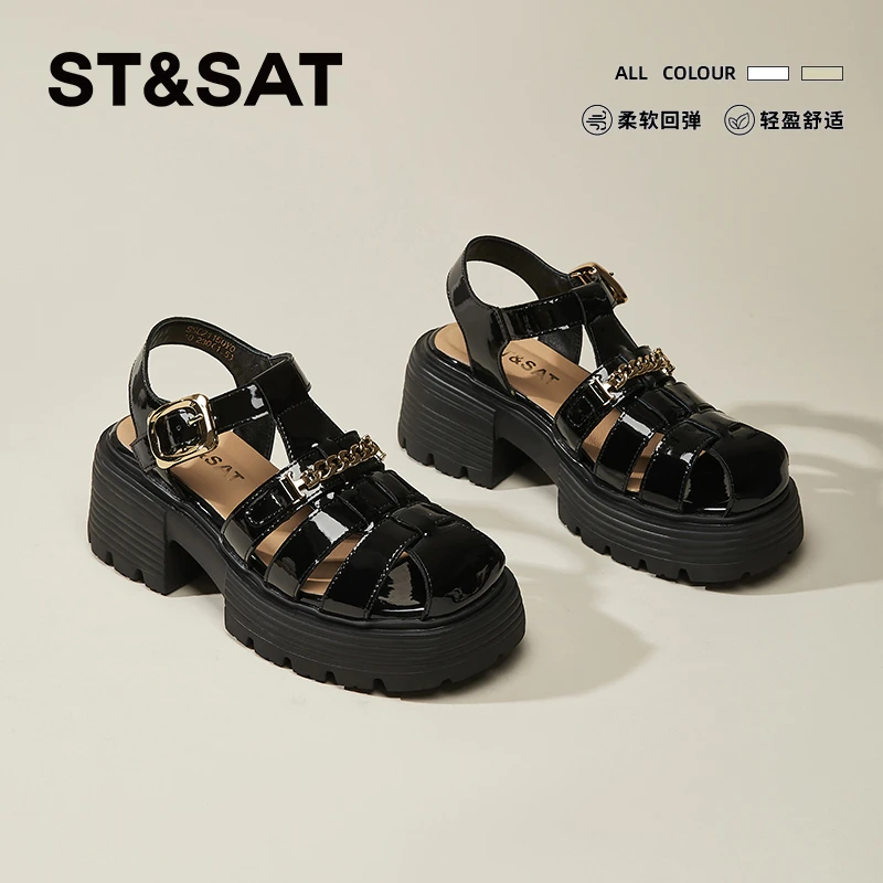 星期六黑色漆皮包头猪笼鞋2025年夏季新款镂空厚底增高编织凉鞋女