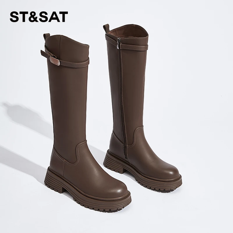 星期六斜口靴子女长筒靴25冬新款不过膝长靴女款马丁靴高筒靴女鞋