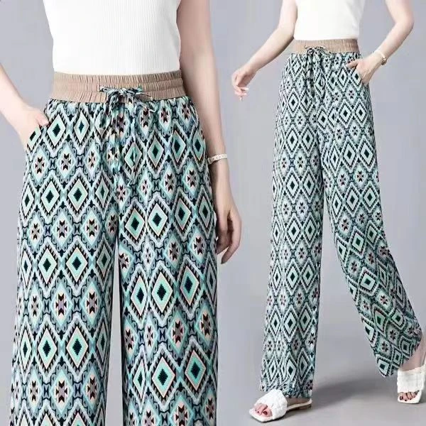 夏季新款垂感宽松冰丝阔腿裤百搭印花薄款直筒显瘦时尚休闲高腰女