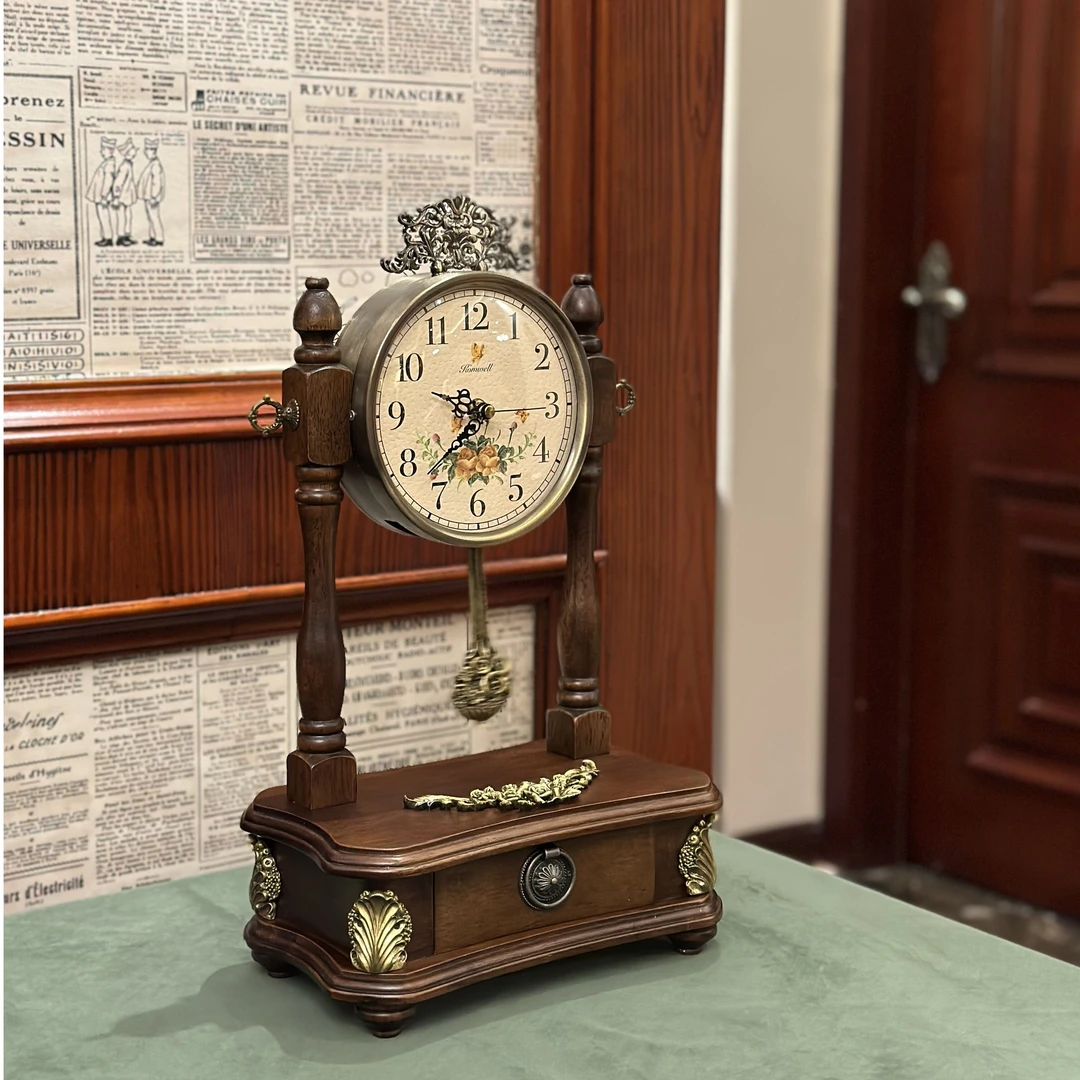 美式乡村复古实木摆钟静音座钟欧式桌面仿古时钟台钟客厅摆件