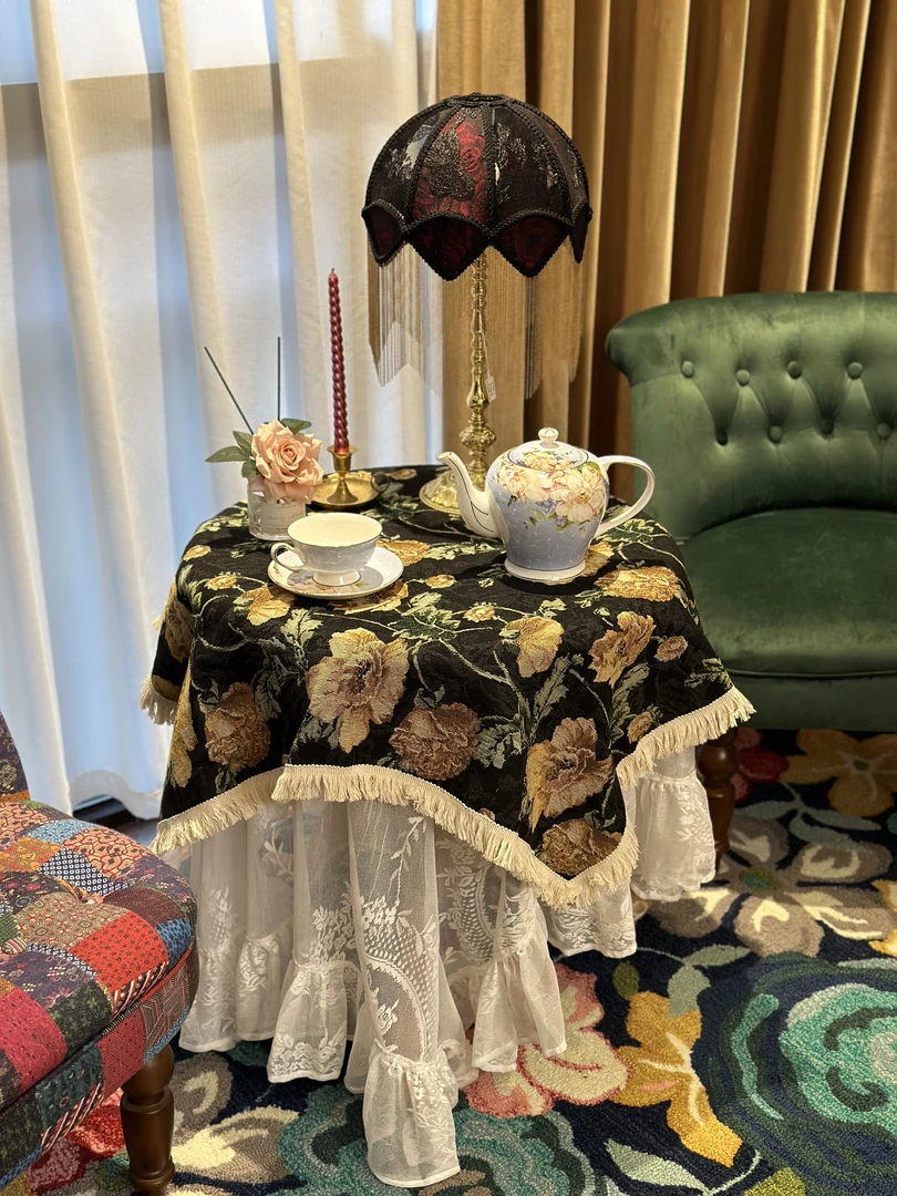 复古阳台小圆桌亚麻桌布圆桌布蕾丝餐桌盖布田园长方形茶几台黄花