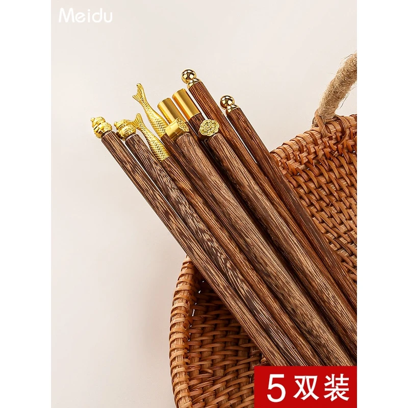 鸡翅木筷子家用套装一人一筷无漆无蜡日式实木防滑筷子5双装