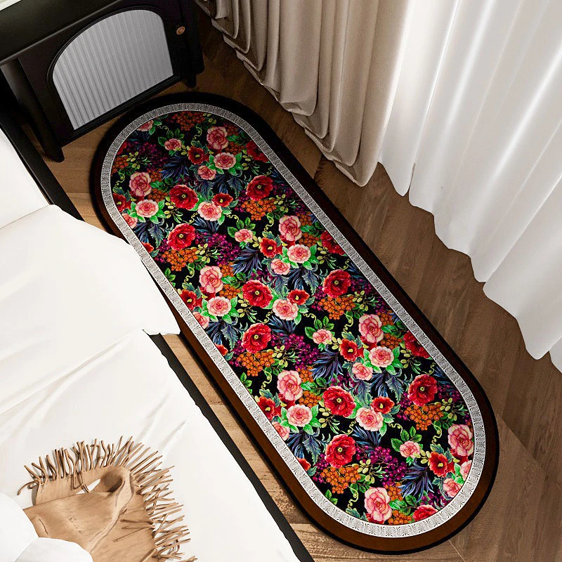 玫瑰庄园椭圆形晶钻绒卧室床边地毯美式复古风房间床前脚垫客厅