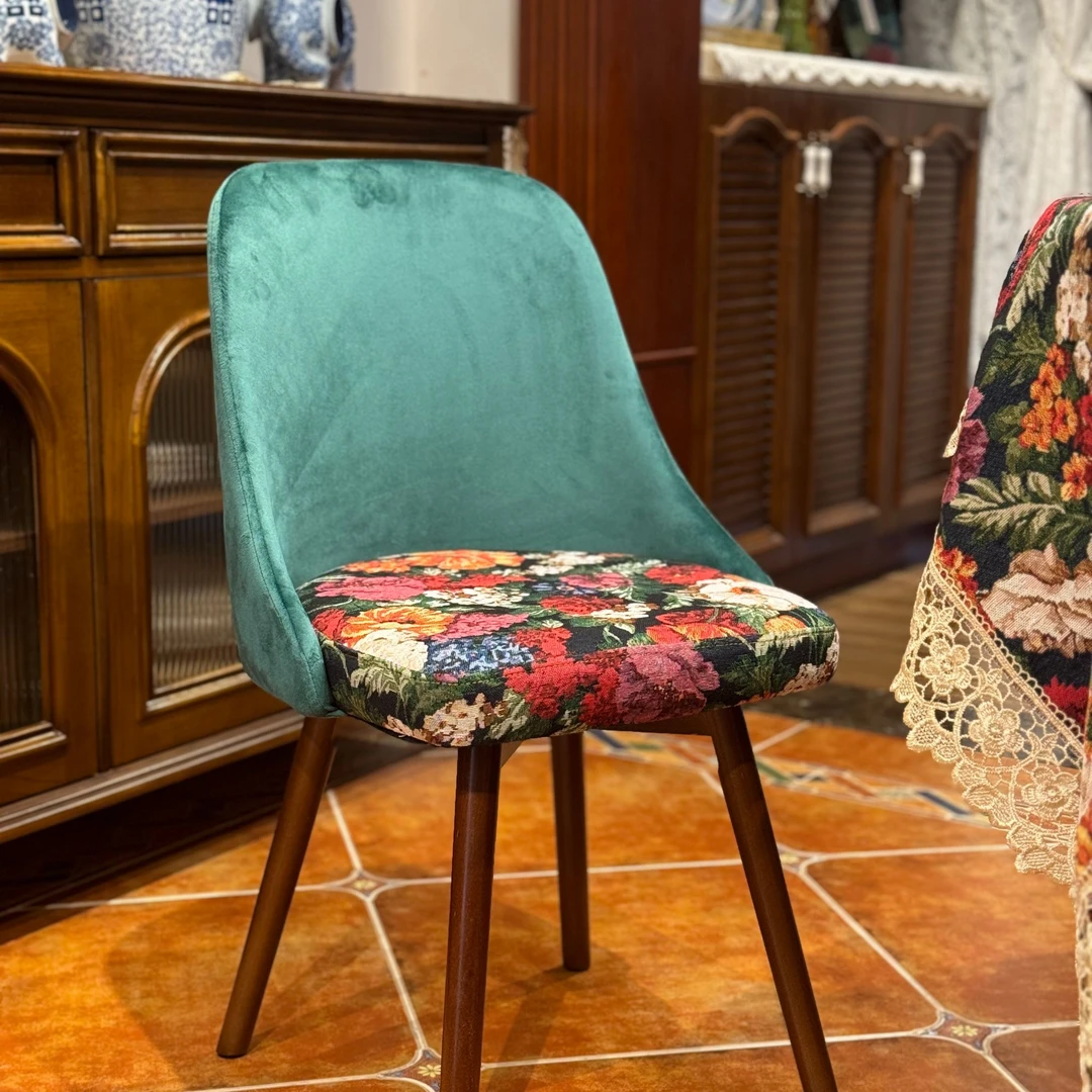 复古花卉棉麻美式风餐椅实木靠背餐椅椅子书桌梳化妆台凳单椅新