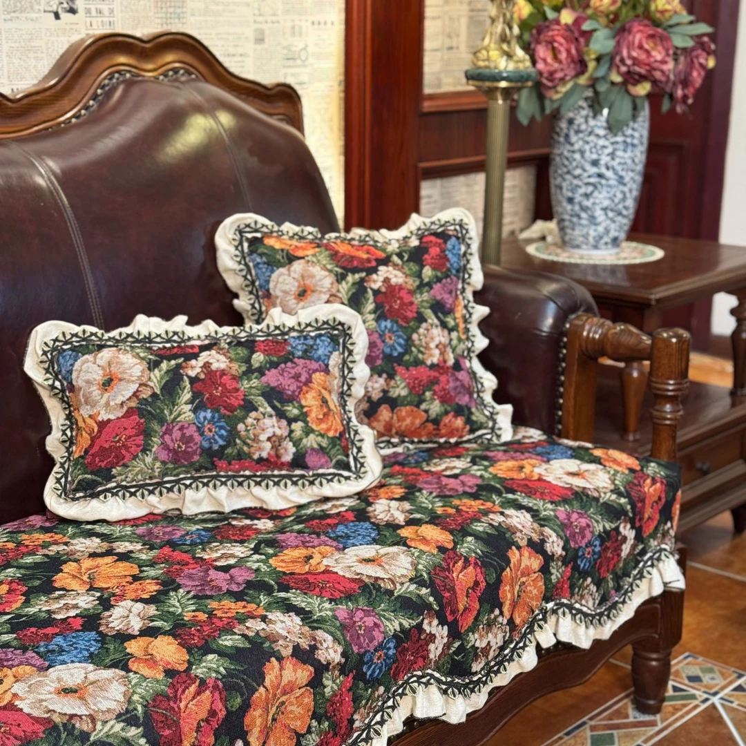 美式复古黑色花卉进口手工花边提花棉麻沙发垫美式风欧式沙发套罩