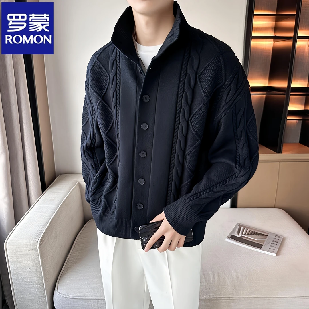 罗蒙高级感针织衫外套男春秋季宽松开衫毛衣韩版潮流帅气立领夹克