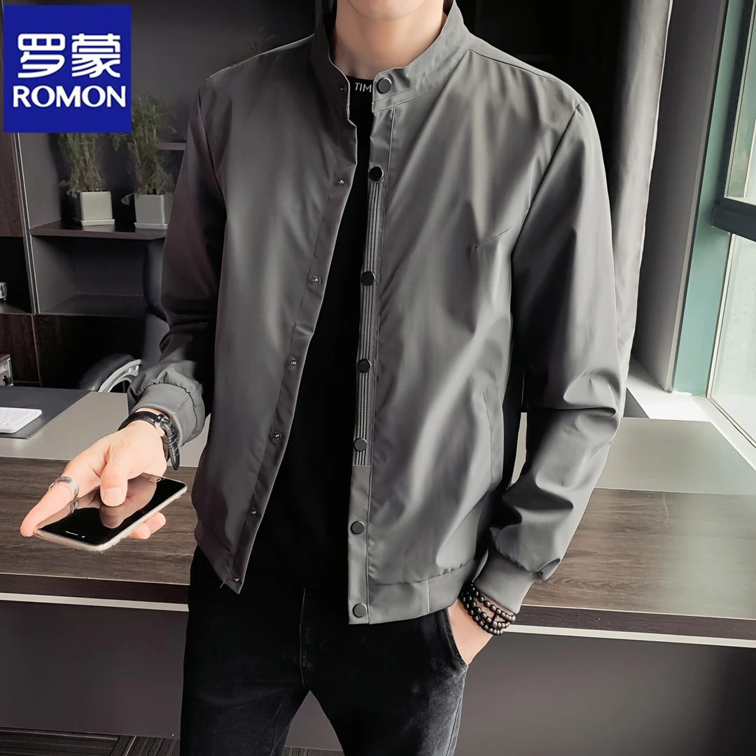 Romon/罗蒙春秋男士外套薄款潮流百搭休闲夹克单排扣立领上衣服潮