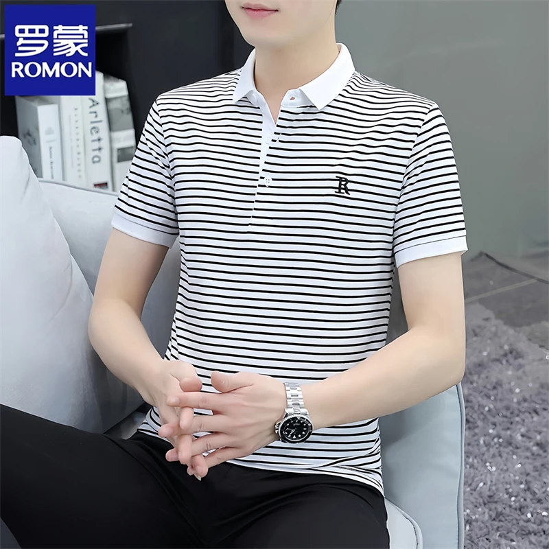 Romon/罗蒙薄款高品质冰丝翻领polo衫男士半袖t恤休闲百搭夏季潮