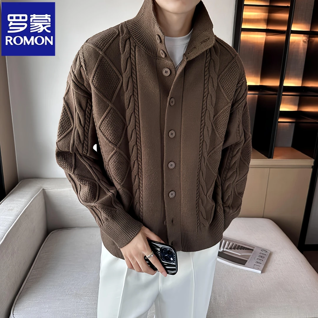 罗蒙高级感针织衫外套男春秋宽松开衫毛衣韩系潮流帅气立领夹克潮