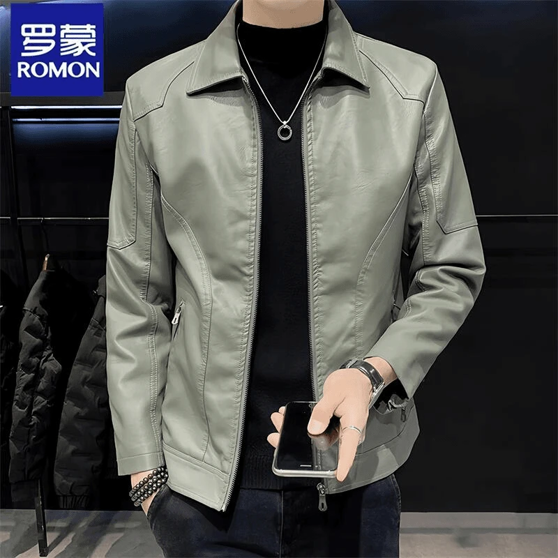 Romon/罗蒙春秋季新款皮衣男士机车服外套翻领痞帅潮流皮夹克潮流