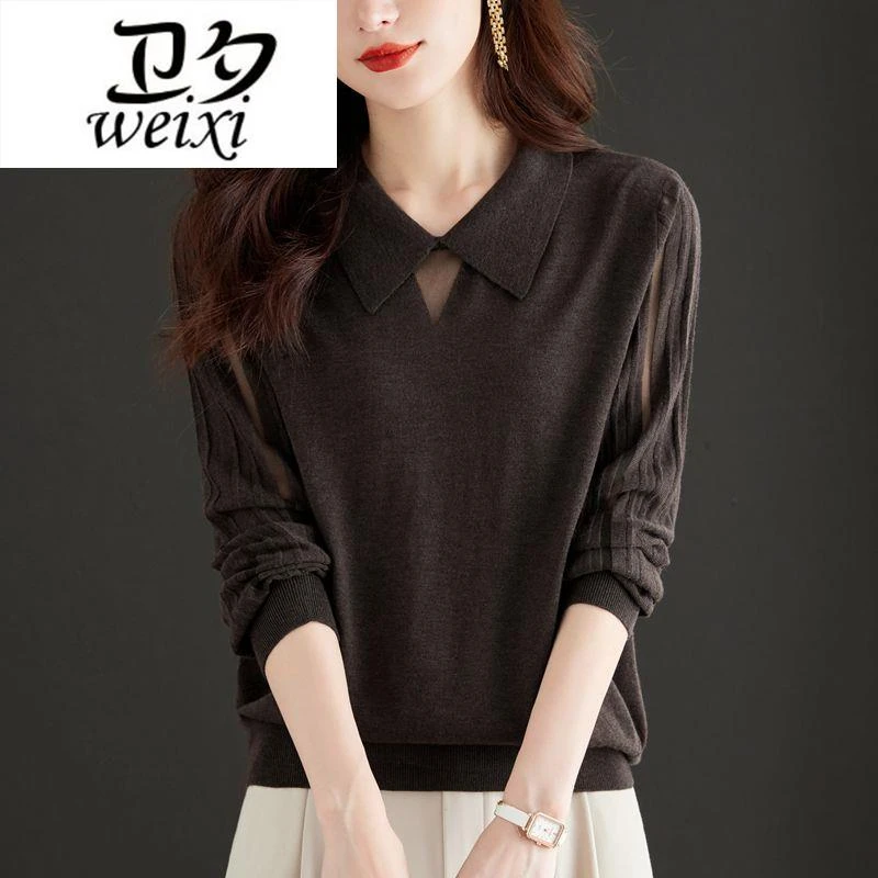 春秋新款修身女2023圆领时尚洋气减龄镂空气质百搭纯色针织衫上衣