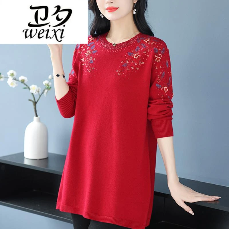 加肥加大码胖妈妈春秋装套头毛衣女中年宽松遮肚子洋气针织打底衫