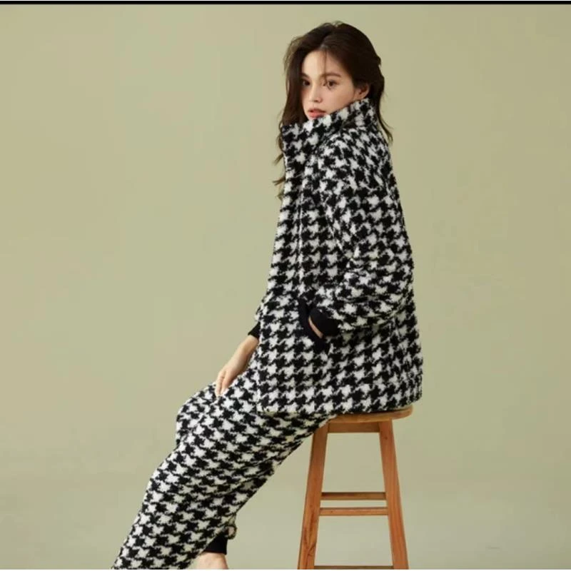 福老弟 情侣套装千鸟格可外穿加厚居家情侣两件套外出