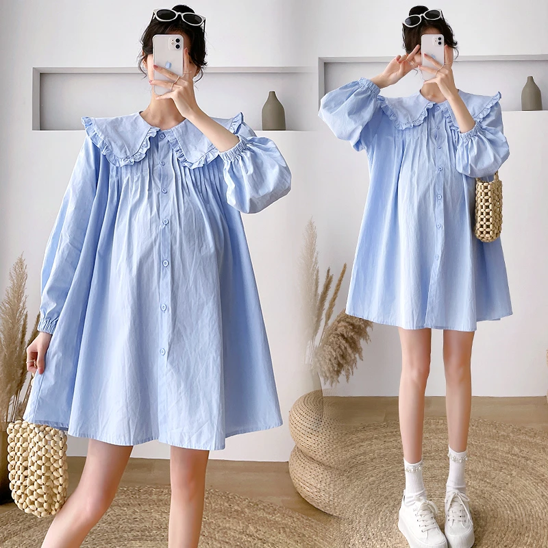 秋季名媛风大码孕妇娃娃领衬衫连衣裙时尚宝妈宽松遮肚可哺乳上衣