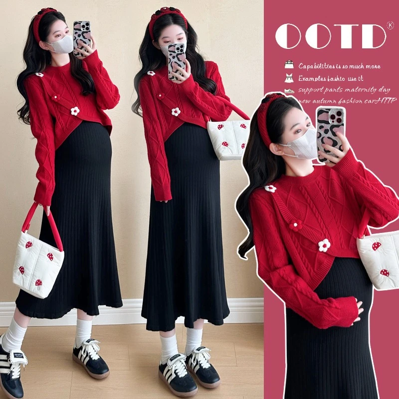 时髦甜美孕妇装冬季小香风高级感针织连衣裙洋气穿搭时尚两件套女