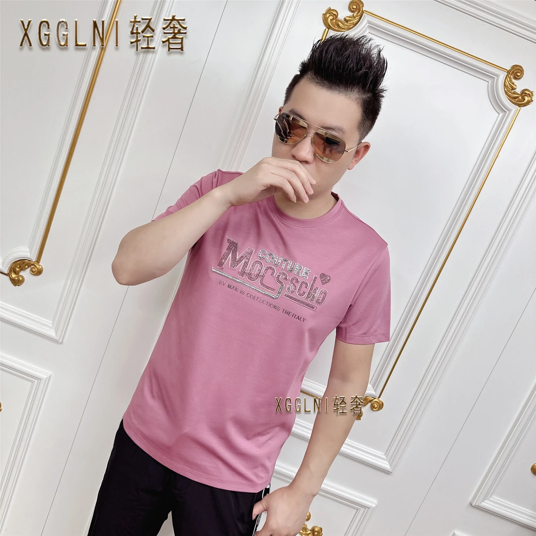 春夏款MOC字母串珠爱心烫钻男士品质高端轻奢洋气时尚潮牌短袖t恤