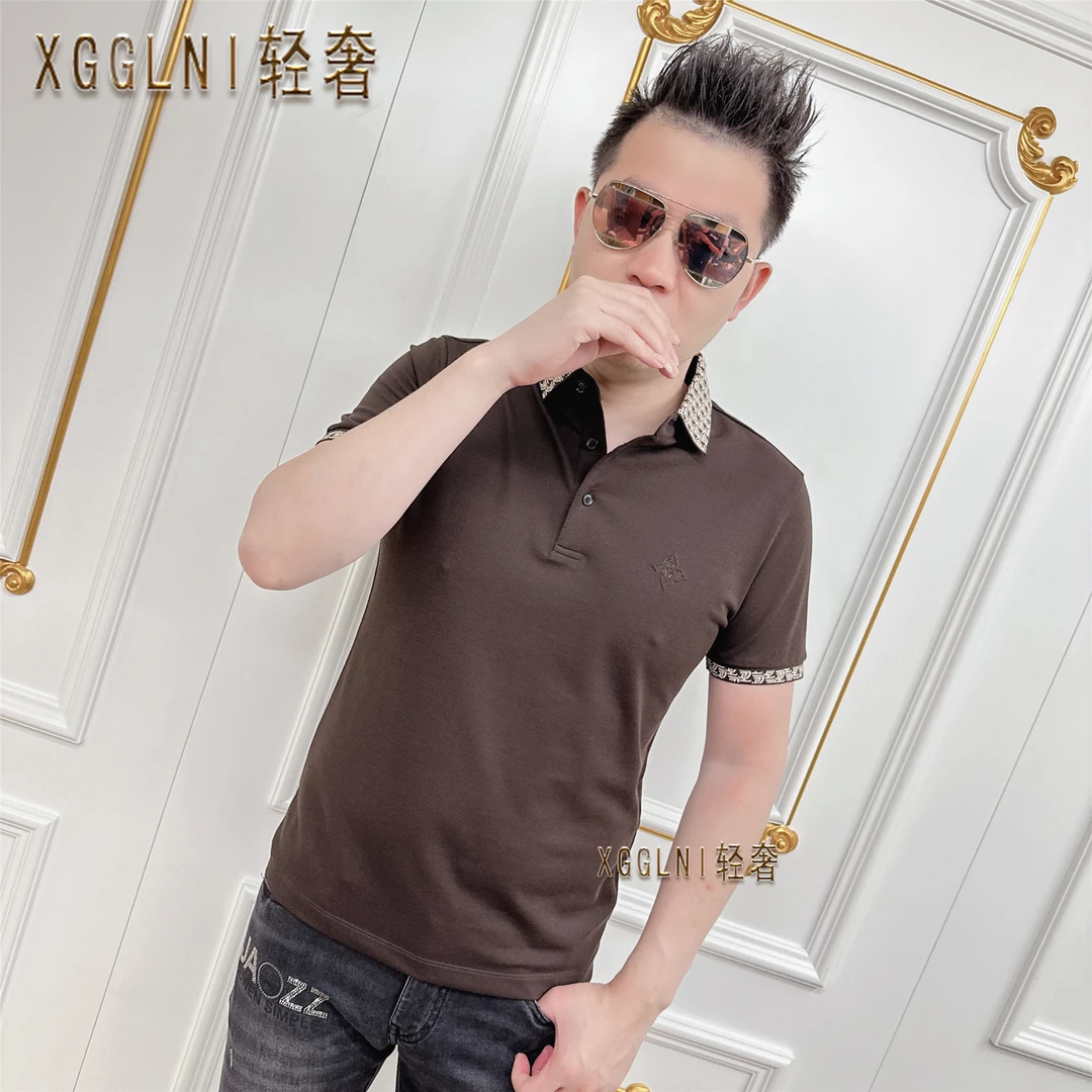 夏季款卡迪利领口袖口花纹男士品质高端轻奢洋气上档次短袖POLO衫