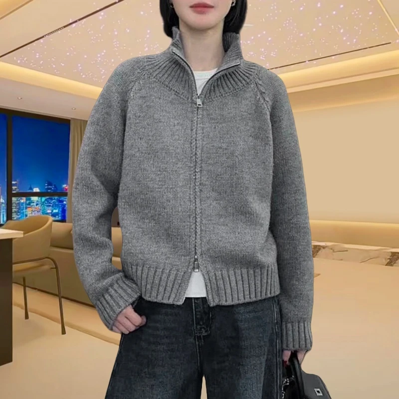 【2】秋冬新款宽松休闲高领拉链毛衣外套纯色高级感打底针织开衫女