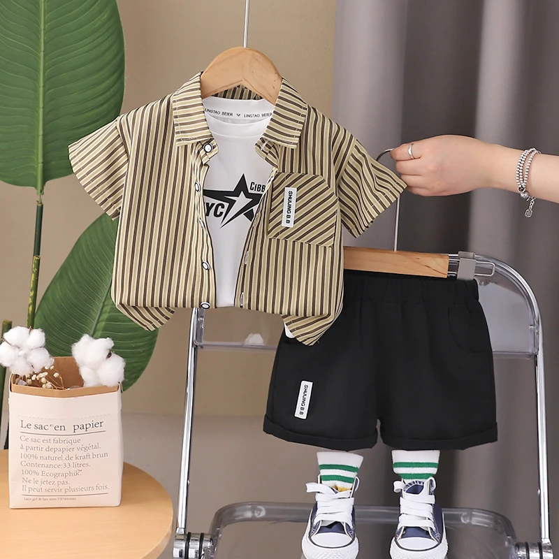 男童夏装套装新款洋气婴儿童夏季男宝宝薄款短袖衬衫背心三件套潮