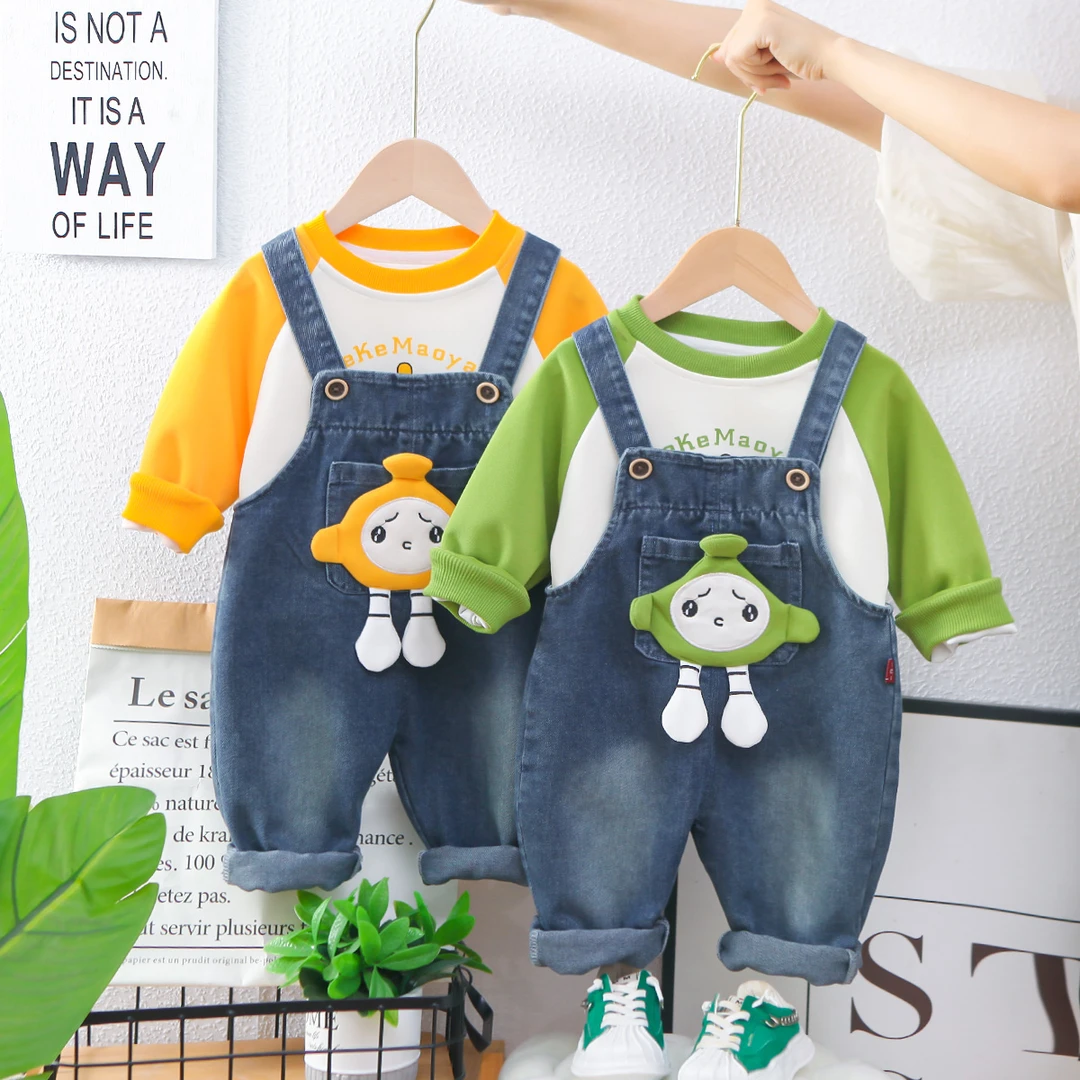 宝宝秋装牛仔背带裤套装洋气婴儿童装男女童秋季长袖卫衣两件套装