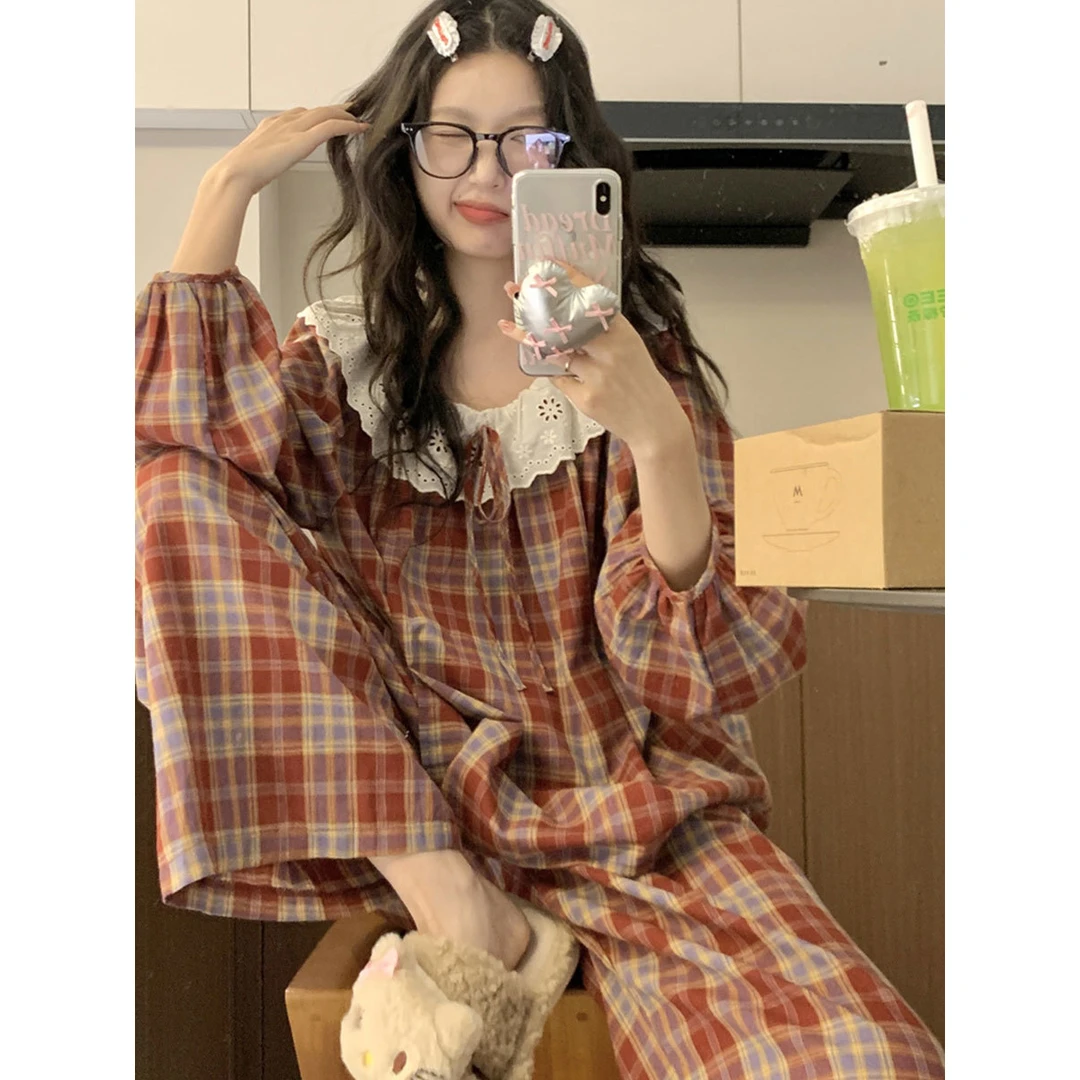 韩版蕾丝边格子睡衣女日系甜美简约公主风长袖长裤宽松家居服套装