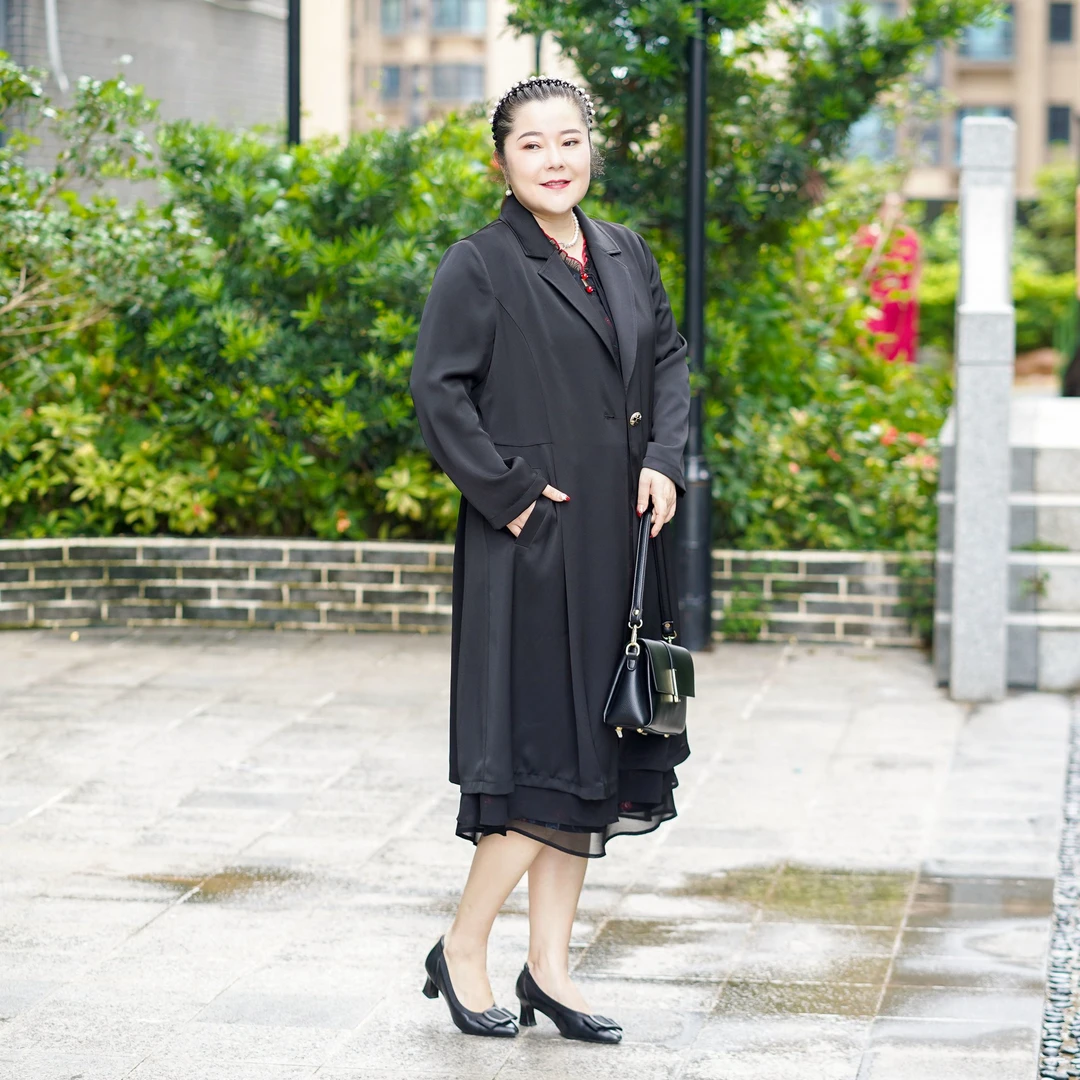 大码时尚妈妈装宽松显瘦新款醋酸拼接中长款风衣春秋外套ZT22278