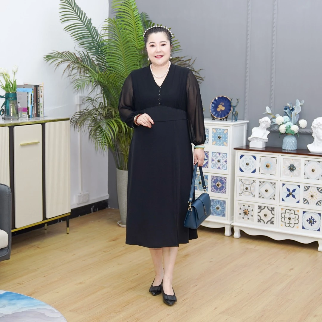 娜丹静原创大码女装轻奢气质假两件长袖V领显瘦连衣裙ZD22305