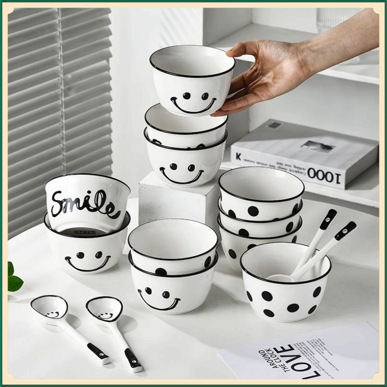 赫本风陶瓷碗笑脸餐具家用简约高颜值米饭碗勺子套装新款可【俊旺】