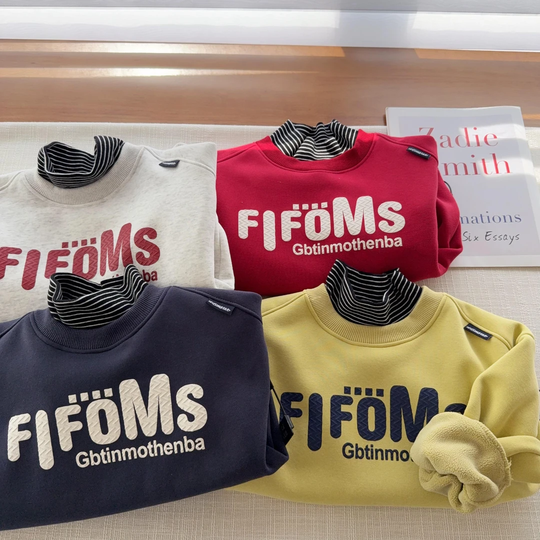 中大童高领加绒卫衣冬季一体绒印花上衣半高领加厚上衣24496男宝