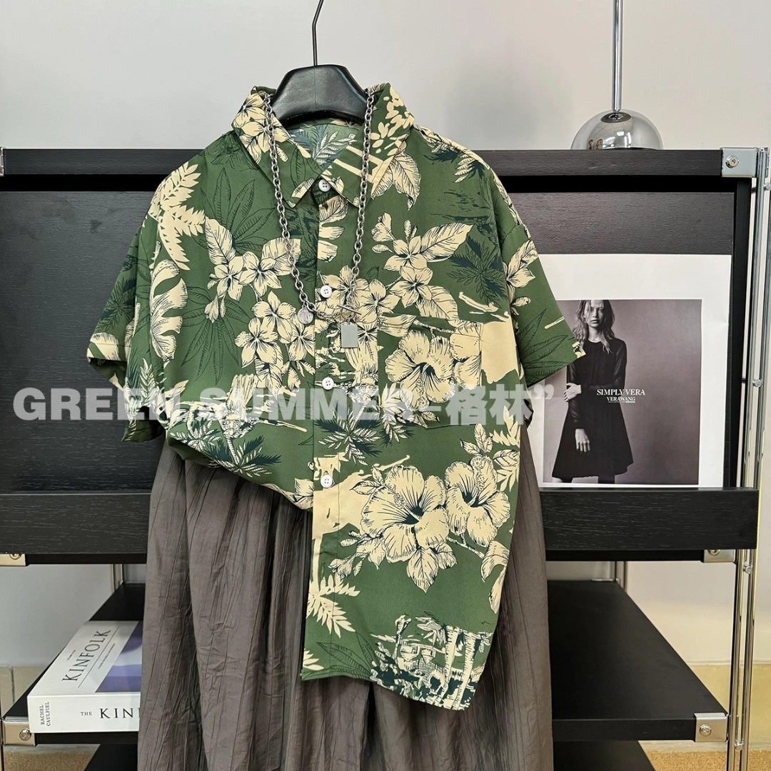 儿童复古印花衬衫~夏季休闲宽松薄款翻领上衣港风短袖24262