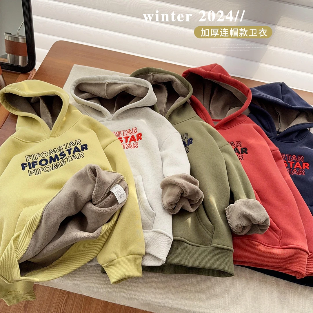 中大童字母刺绣连帽款卫衣冬季新款一体绒上衣洋气内搭潮24624
