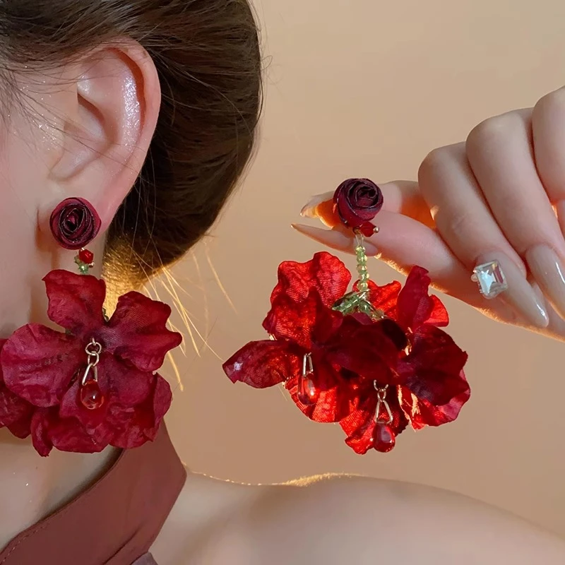 铜合金布艺耳饰 森系甜美春日红色个性玫瑰花流苏耳环潮流耳饰ins