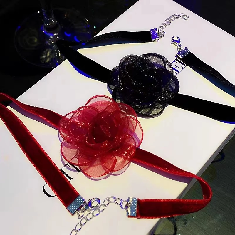 非金属布艺项链 网纱花朵锁骨链新款项链女简约个性设计感颈链ins